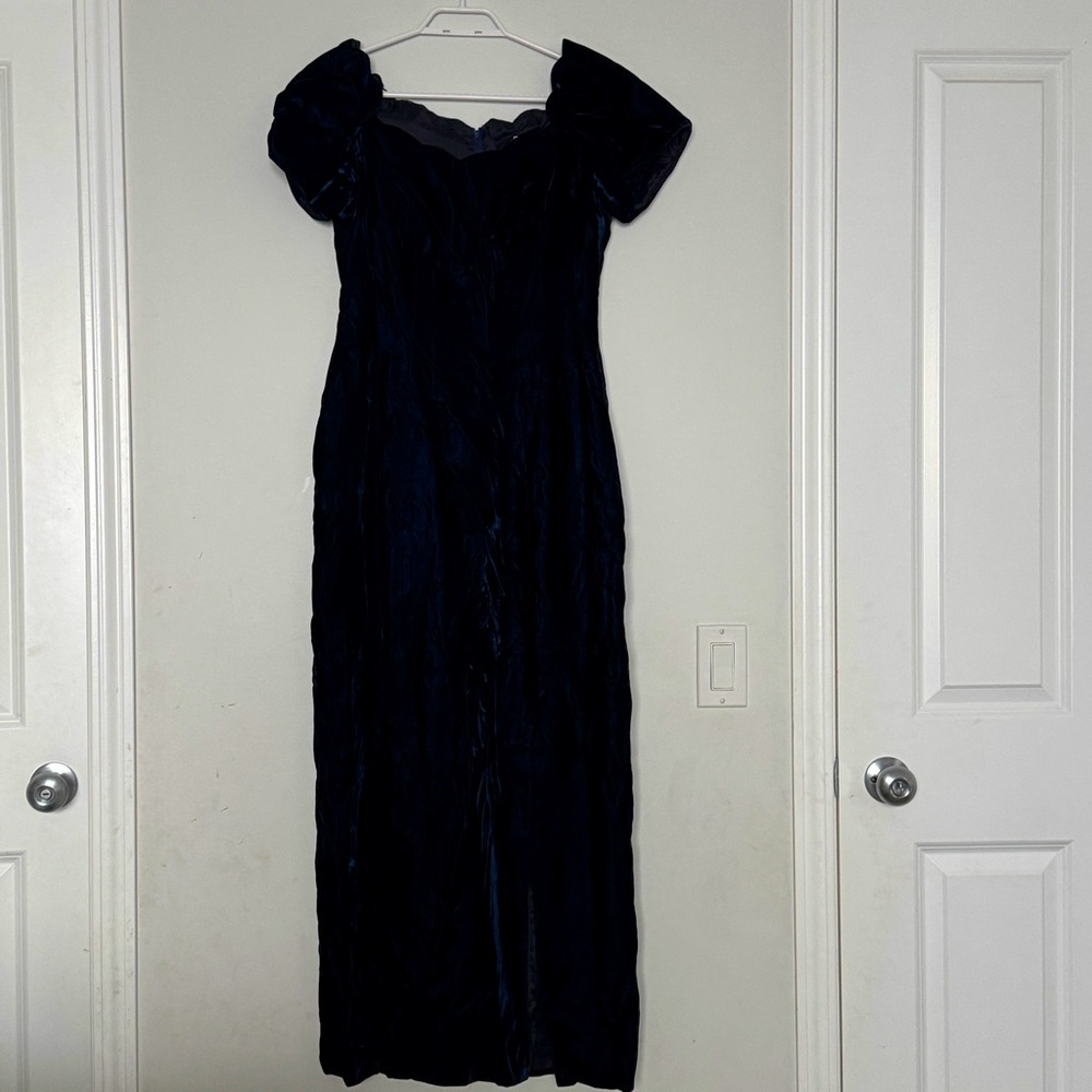 Williams Dark Blue Lined Velvet Maxi Dress with Slit Plunging Scallop Neckline S